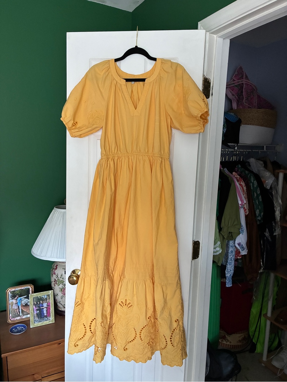 Moon River Yellow Eyelet Maxi Dress with Puff Sleeves - Picture 1 of 5